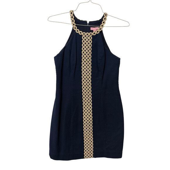 Lilly Pulitzer Sasha Shift Dress Navy Blue‎ Gold Lace Halter Racerback Size 2 - Picture 2 of 8